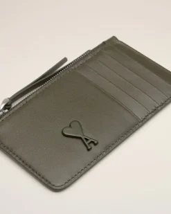 Ami Paris Green Leather Zipped Card Holder BLACK OLIVE Clearance