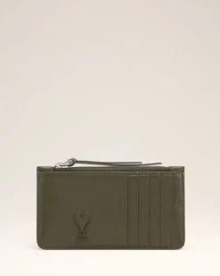 Ami Paris Green Leather Zipped Card Holder BLACK OLIVE Clearance