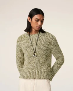 Ami Paris Green Mouliné Textured Knit Crewneck Sweater WHITE CREAM/LICHEN Shop