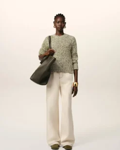 Ami Paris Green Mouliné Textured Knit Crewneck Sweater WHITE CREAM/LICHEN Shop