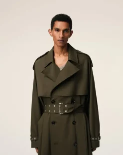 Ami Paris Green Wool Trench Coat BLACK OLIVE Store