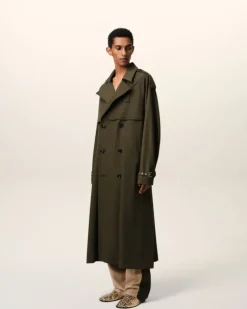 Ami Paris Green Wool Trench Coat BLACK OLIVE Store
