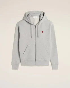 Ami Paris Grey Cotton Ami de Coeur Zipped Hoodie HEATHER ASH GREY Sale