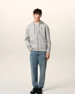 Ami Paris Grey Cotton Ami de Coeur Zipped Hoodie HEATHER ASH GREY Sale