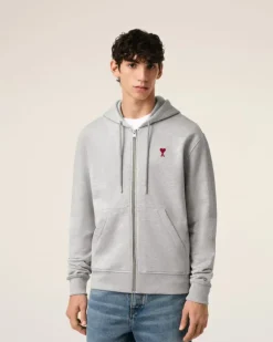 Ami Paris Grey Cotton Ami de Coeur Zipped Hoodie HEATHER ASH GREY Sale