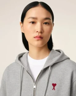 Ami Paris Grey Cotton Ami de Coeur Zipped Hoodie HEATHER ASH GREY Sale