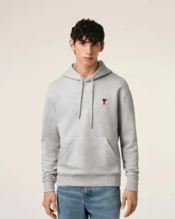 Ami Paris Grey Cotton Ami de Coeur Hoodie HEATHER ASH GREY New