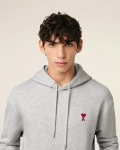 Ami Paris Grey Cotton Ami de Coeur Hoodie HEATHER ASH GREY New