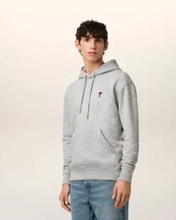 Ami Paris Grey Cotton Ami de Coeur Hoodie HEATHER ASH GREY New
