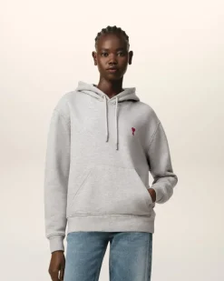 Ami Paris Grey Cotton Ami de Coeur Hoodie HEATHER ASH GREY New