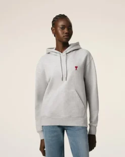 Ami Paris Grey Cotton Ami de Coeur Hoodie HEATHER ASH GREY New