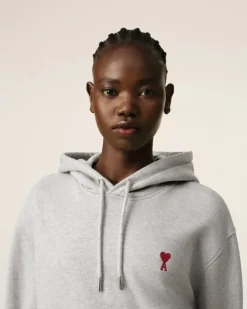 Ami Paris Grey Cotton Ami de Coeur Hoodie HEATHER ASH GREY New