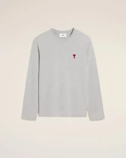 Ami Paris Grey Cotton Ami de Coeur Long Sleeves T-Shirt HEATHER ASH GREY Cheap