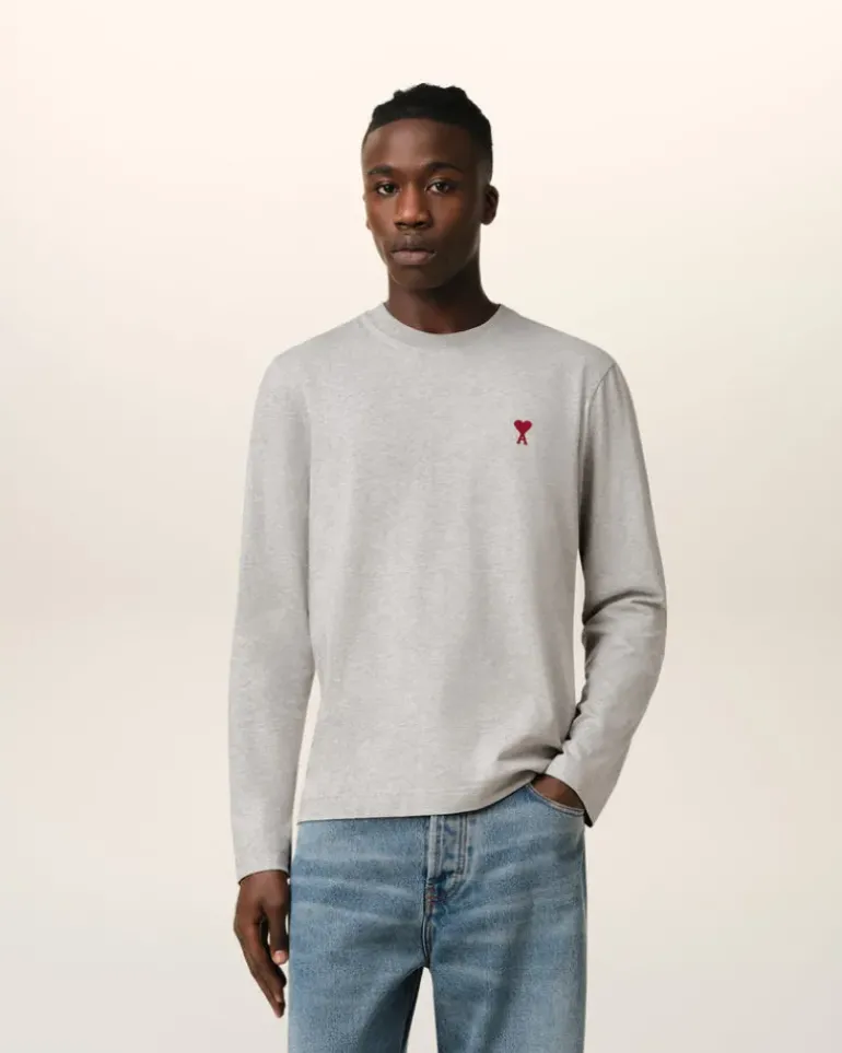 Ami Paris Grey Cotton Ami de Coeur Long Sleeves T-Shirt HEATHER ASH GREY Cheap