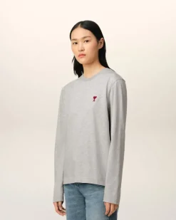 Ami Paris Grey Cotton Ami de Coeur Long Sleeves T-Shirt HEATHER ASH GREY Cheap