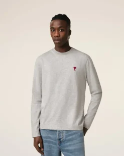 Ami Paris Grey Cotton Ami de Coeur Long Sleeves T-Shirt HEATHER ASH GREY Cheap