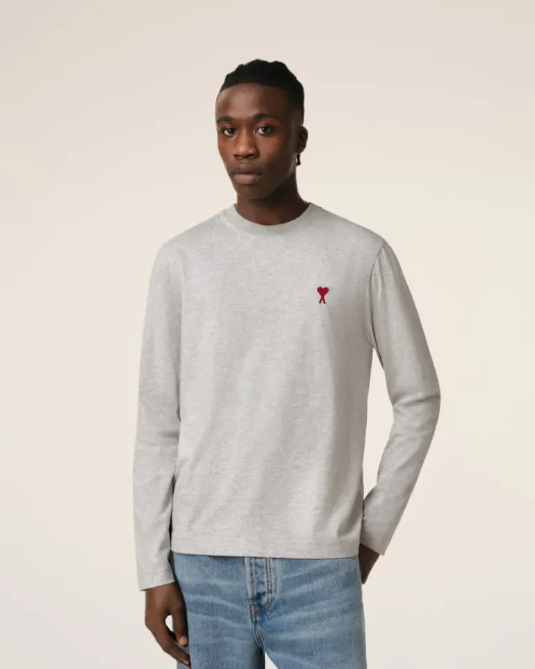 Ami Paris Grey Cotton Ami de Coeur Long Sleeves T-Shirt HEATHER ASH GREY Cheap