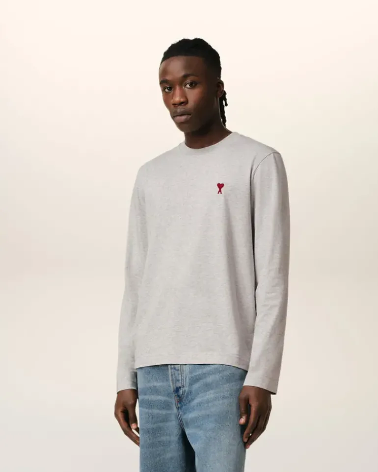 Ami Paris Grey Cotton Ami de Coeur Long Sleeves T-Shirt HEATHER ASH GREY Cheap