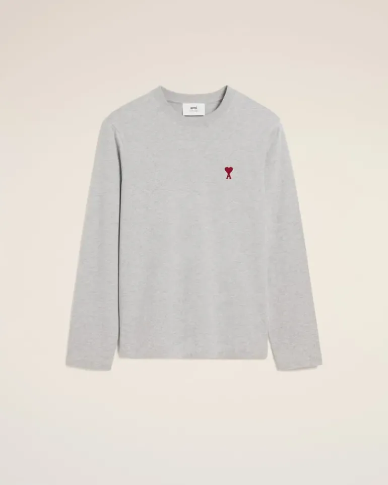 Ami Paris Grey Cotton Ami de Coeur Long Sleeves T-Shirt HEATHER ASH GREY Cheap