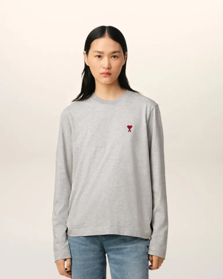 Ami Paris Grey Cotton Ami de Coeur Long Sleeves T-Shirt HEATHER ASH GREY Cheap