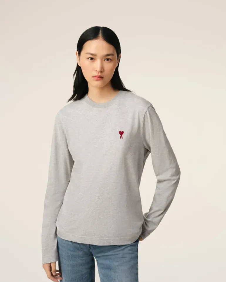 Ami Paris Grey Cotton Ami de Coeur Long Sleeves T-Shirt HEATHER ASH GREY Cheap