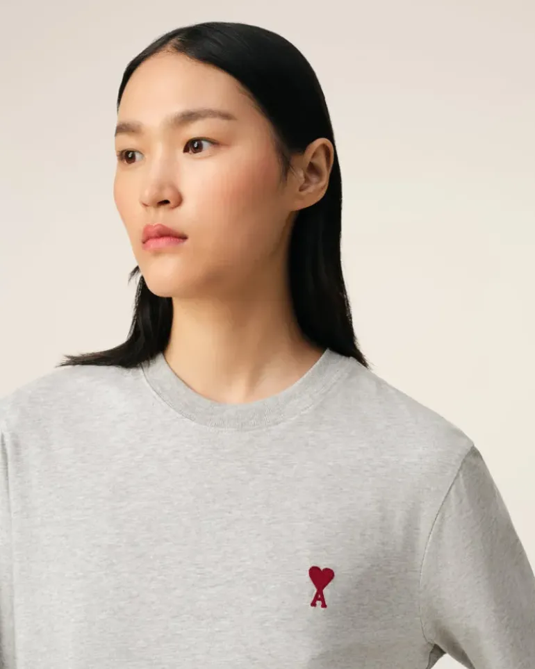 Ami Paris Grey Cotton Ami de Coeur Long Sleeves T-Shirt HEATHER ASH GREY Cheap