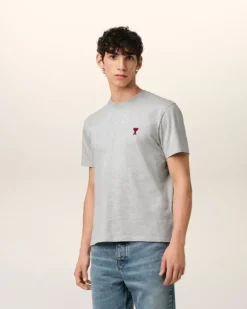 Ami Paris Grey Cotton Ami de Coeur T-Shirt HEATHER ASH GREY New