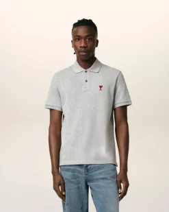 Ami Paris Grey Cotton Ami de Coeur Polo Shirt HEATHER ASH GREY Flash Sale