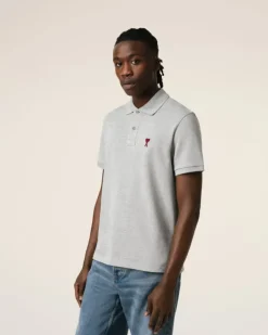 Ami Paris Grey Cotton Ami de Coeur Polo Shirt HEATHER ASH GREY Flash Sale