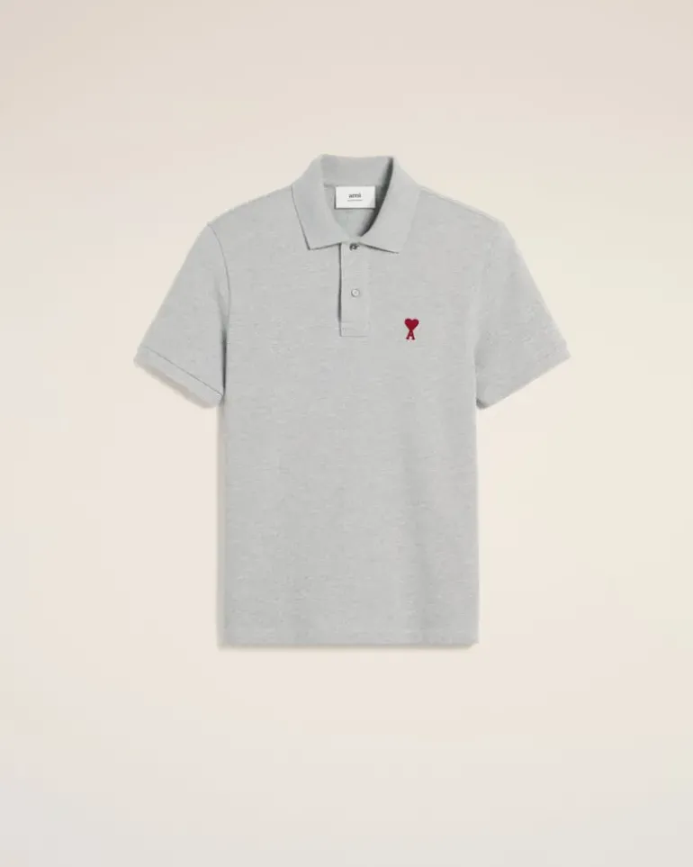 Ami Paris Grey Cotton Ami de Coeur Polo Shirt HEATHER ASH GREY Flash Sale