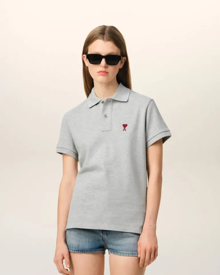 Ami Paris Grey Cotton Ami de Coeur Polo Shirt HEATHER ASH GREY Flash Sale