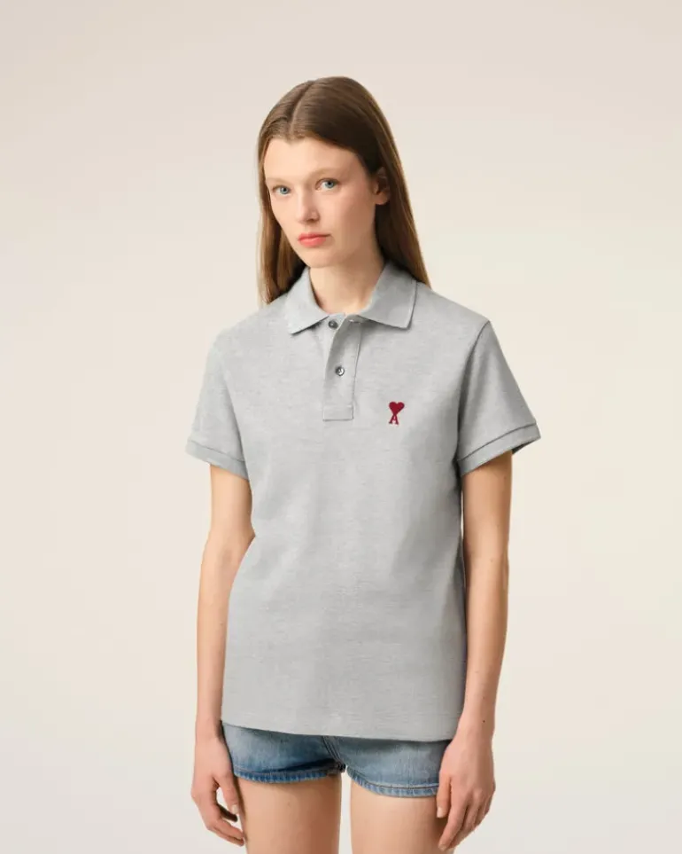 Ami Paris Grey Cotton Ami de Coeur Polo Shirt HEATHER ASH GREY Flash Sale