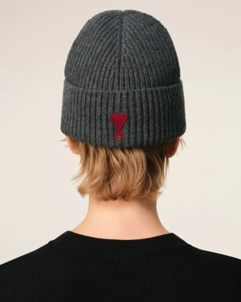 Ami Paris Grey Wool Ami de Coeur Beanie HEATHER GREY/RED Flash Sale