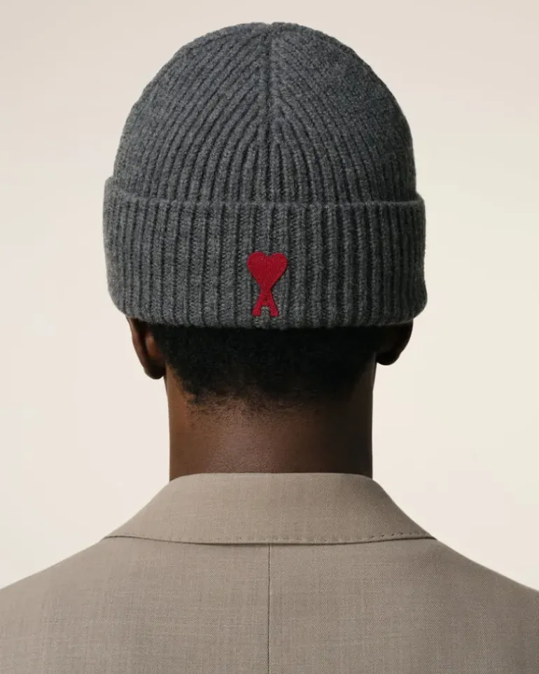 Ami Paris Grey Wool Ami de Coeur Beanie HEATHER GREY/RED Flash Sale