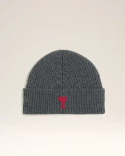 Ami Paris Grey Wool Ami de Coeur Beanie HEATHER GREY/RED Flash Sale