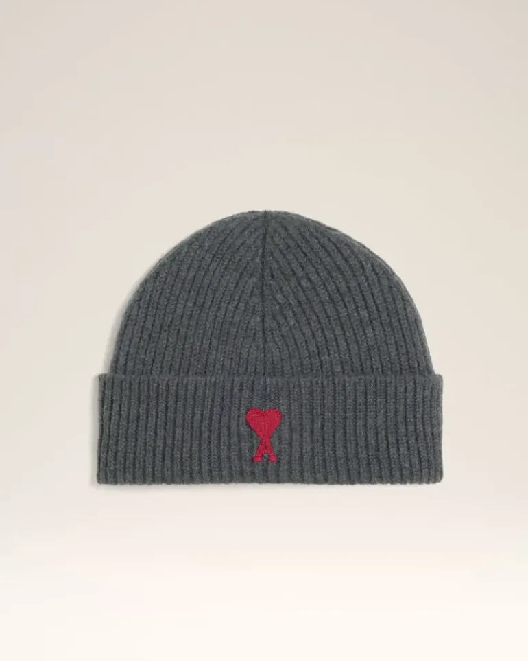 Ami Paris Grey Wool Ami de Coeur Beanie HEATHER GREY/RED Flash Sale