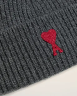 Ami Paris Grey Wool Ami de Coeur Beanie HEATHER GREY/RED Flash Sale