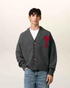 Ami Paris Grey Wool Ami de Coeur Cardigan HEATHER GREY/RED Cheap