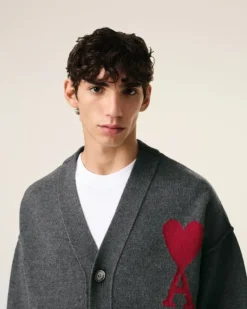 Ami Paris Grey Wool Ami de Coeur Cardigan HEATHER GREY/RED Cheap