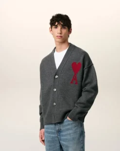 Ami Paris Grey Wool Ami de Coeur Cardigan HEATHER GREY/RED Cheap