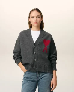 Ami Paris Grey Wool Ami de Coeur Cardigan HEATHER GREY/RED Cheap