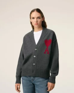 Ami Paris Grey Wool Ami de Coeur Cardigan HEATHER GREY/RED Cheap