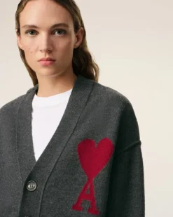 Ami Paris Grey Wool Ami de Coeur Cardigan HEATHER GREY/RED Cheap