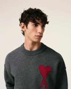 Ami Paris Grey Wool Ami de Coeur Sweater HEATHER GREY/RED Online