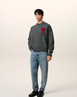 Ami Paris Grey Wool Ami de Coeur Sweater HEATHER GREY/RED Online