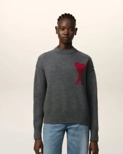 Ami Paris Grey Wool Ami de Coeur Sweater HEATHER GREY/RED Online