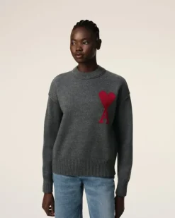 Ami Paris Grey Wool Ami de Coeur Sweater HEATHER GREY/RED Online