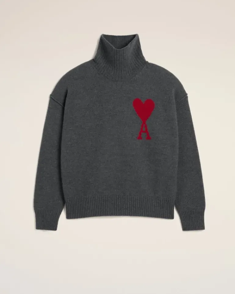 Ami Paris Grey Wool Ami de Coeur Sweater HEATHER GREY/RED Outlet