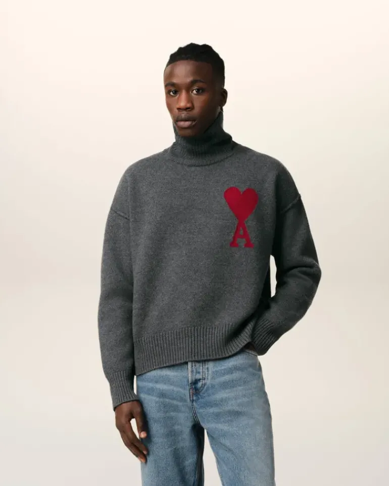 Ami Paris Grey Wool Ami de Coeur Sweater HEATHER GREY/RED Outlet
