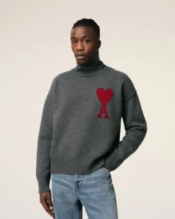Ami Paris Grey Wool Ami de Coeur Sweater HEATHER GREY/RED Outlet
